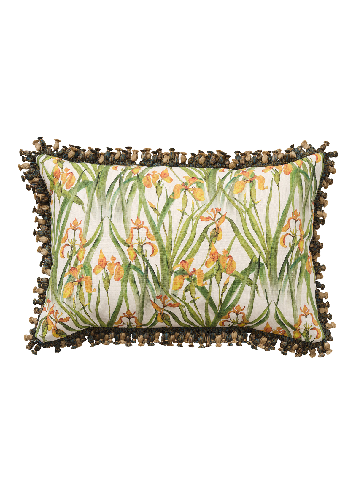 Yellow Iris Cushion with Green Onion Tassel Trim