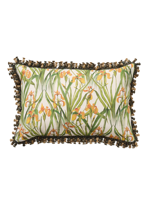 Yellow Iris Cushion with Green Onion Tassel Trim
