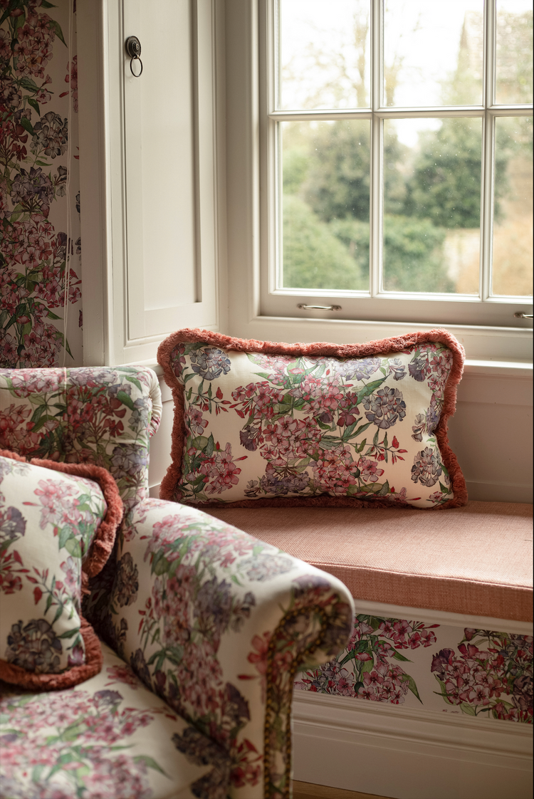 Mixed Phlox Rows Rectangle Cushion with Pink Cotton Trim