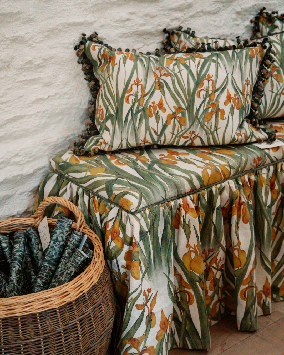 Yellow Iris Cushion with Green Onion Tassel Trim